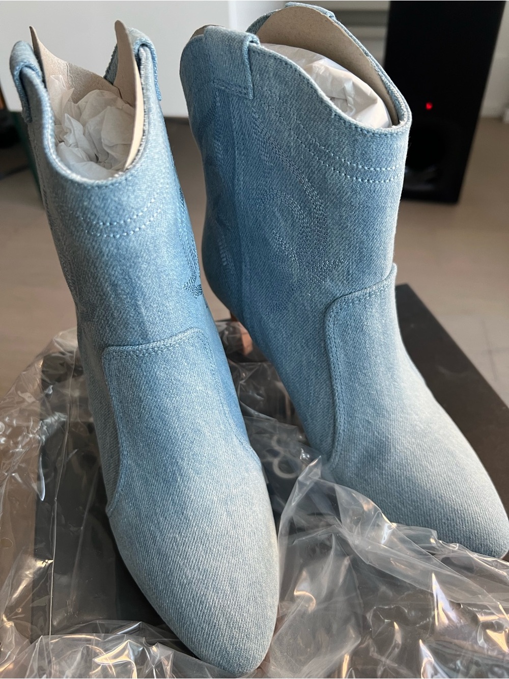 ba&sh Light Blue Denim Pointed-Toe Ankle Boots